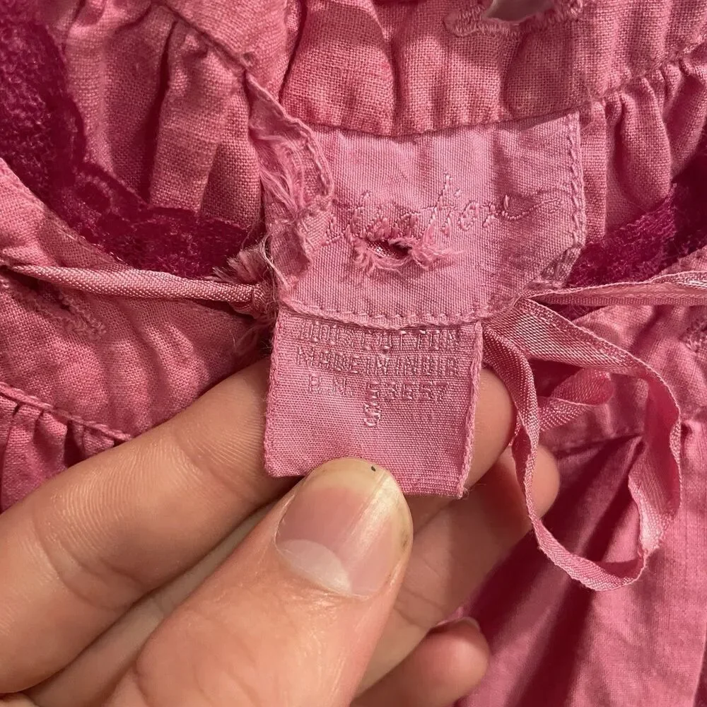 Vtg Pink Coquette Pink Lace Cotton Dress Lingerie Small Button Sweetheart Tiered - Picture 12 of 14